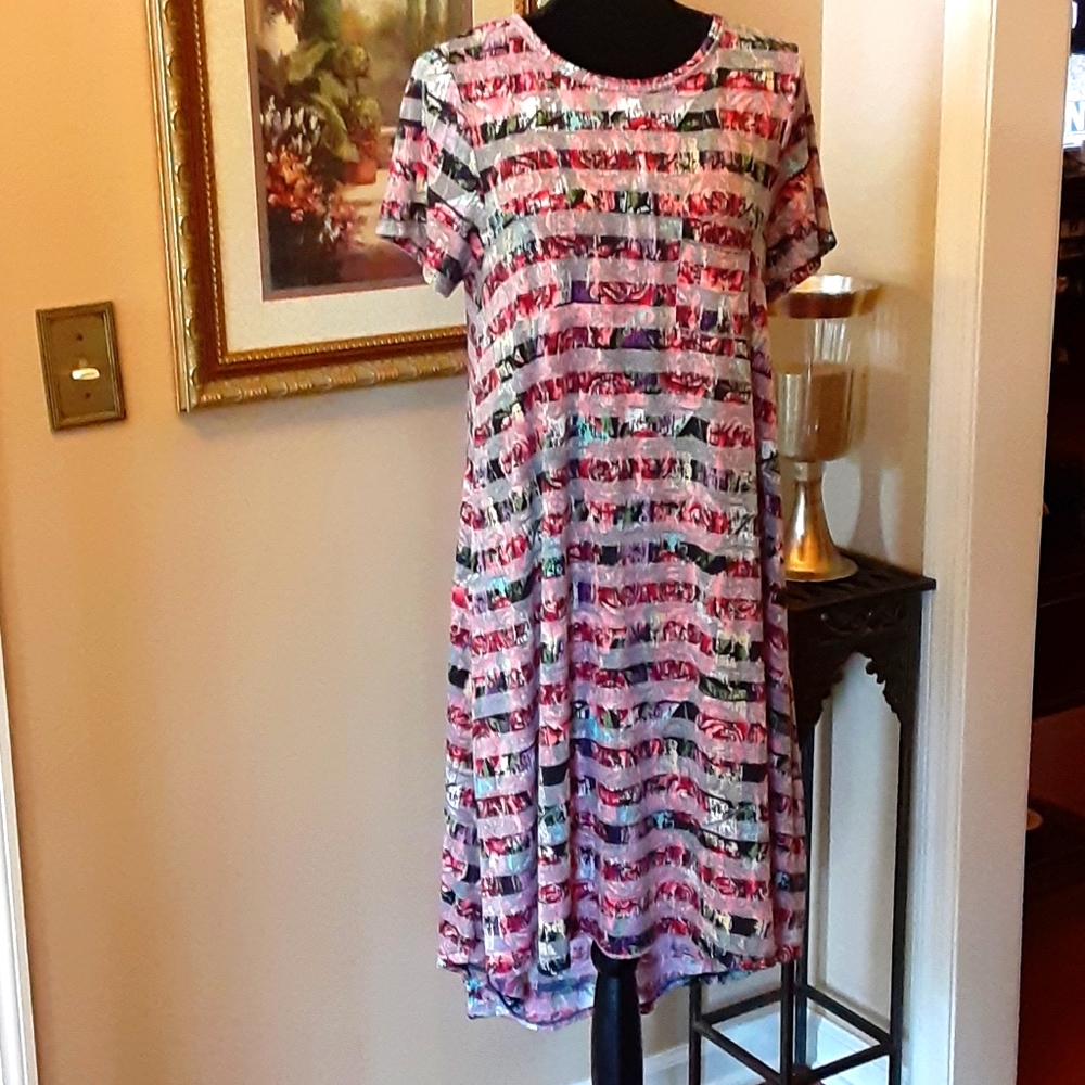 LuLaRoe pink aqua floral stripe short sleeve dress Longer in back Small EUC …